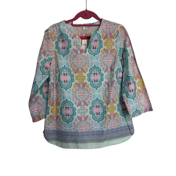 Talbots Top Womens Petite M Blue Paisley Moroccan Medallion Split-Neck Tunic NWT - Picture 1 of 8